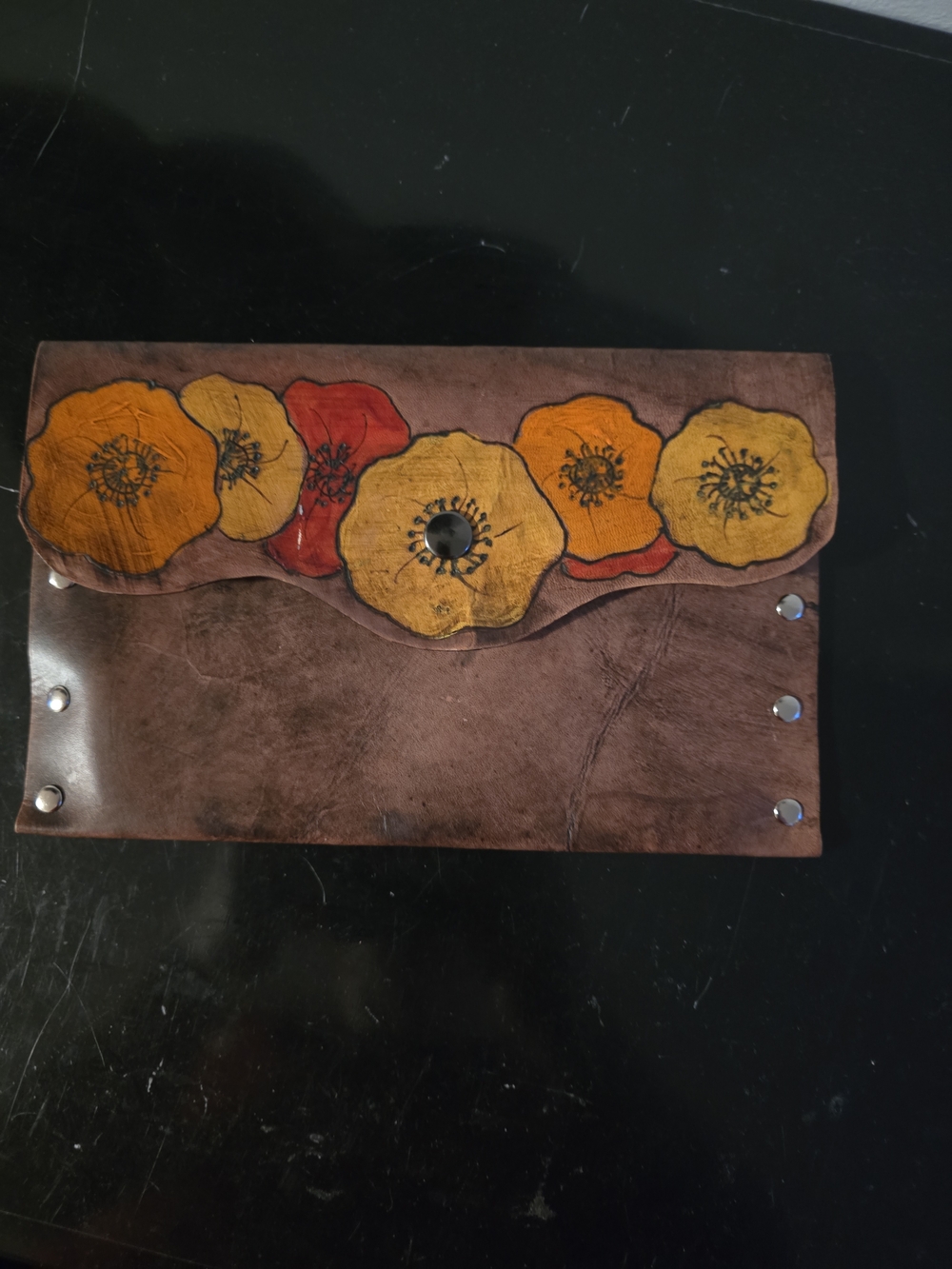 Handpainted Floral Leather Clutch - Yellow & Red Flowers